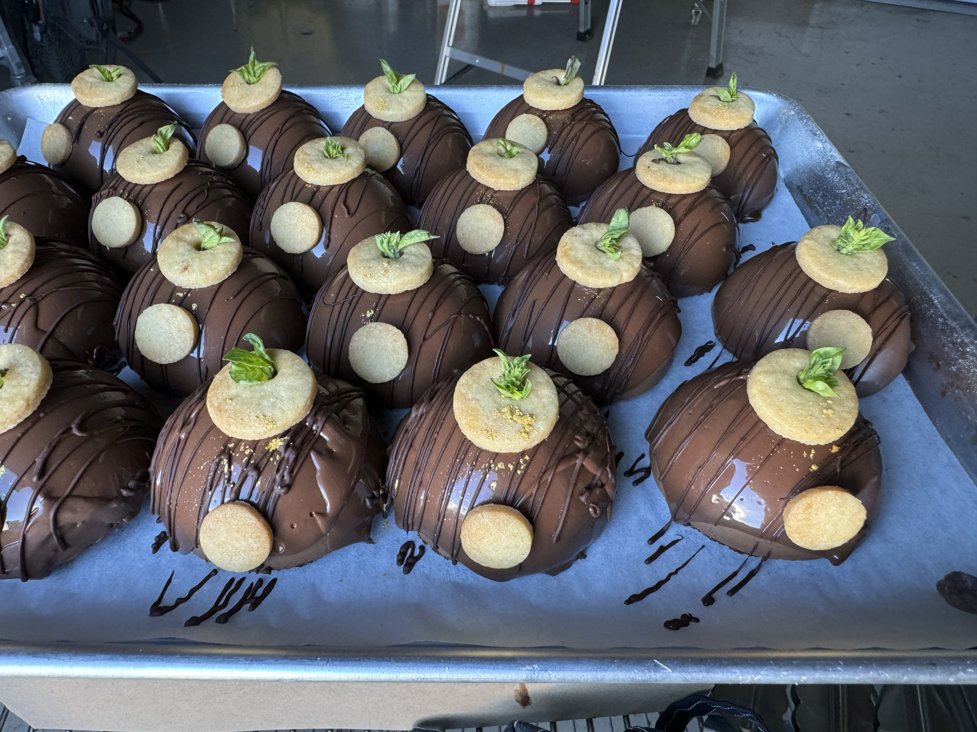 Catering dessert tray with fresh fruit and pastries